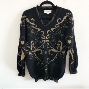 VINTAGE 80’s black and gold v neck sweater medium